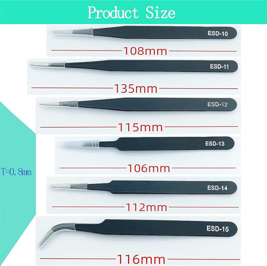 6Pcs ESD Tweezers Set Precision Tweezers Set ,Anti-Static Stainless with Storage Canvas Bag,for Craft,Electronics Repair,jewelry repair,Laboratory Work Etc