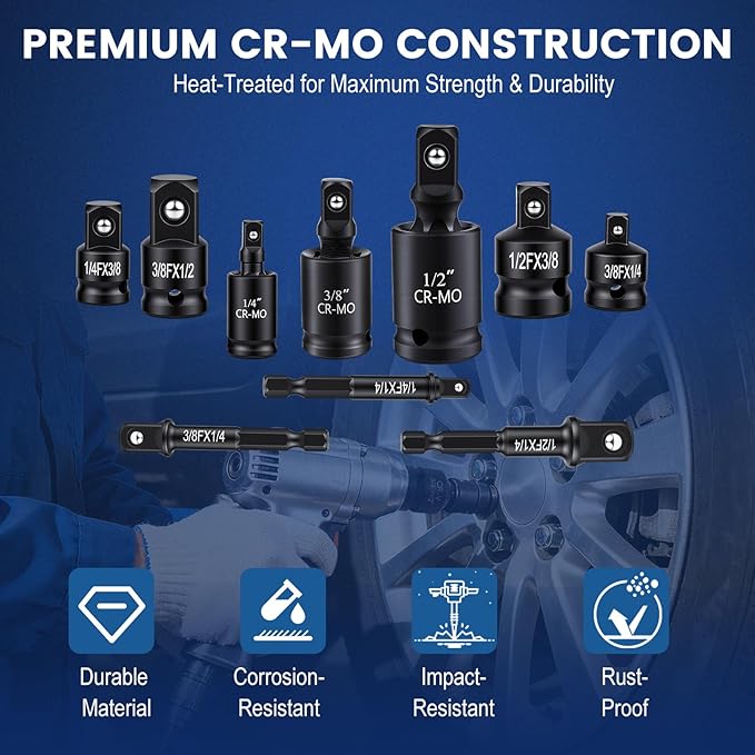 Impact Socket Adapter Set, 10-Piece 1/4" 3/8" 1/2" Drive Swivel Universal Joint Socket, Drill Adapter and Reducer Set for Automotive Repair and DIY