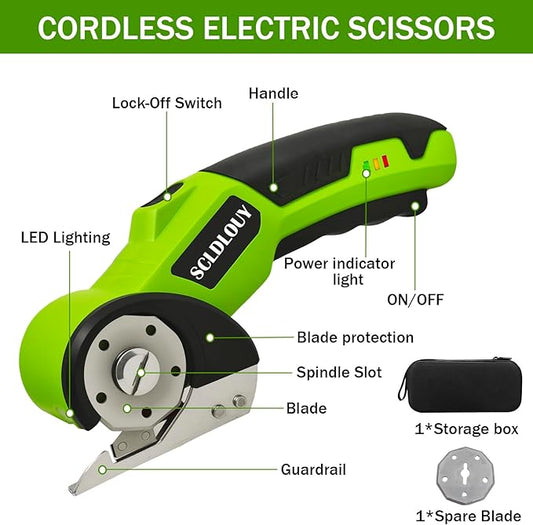 High-Speed Cardboard Cutter, Cordless Rechargeable Electric Scissors with Safety Lock and LED Light, Rotating Blade for Cardboard Fabric Carpet (Green)