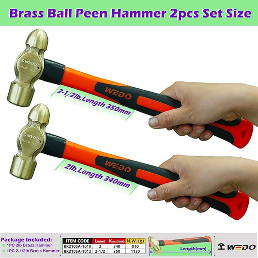 WEDO 2PCS Brass Ball Peen Hammer Set, 32oz+40oz(2lb+2-1/2lb)), Brass Ball Pein Hammer Set with Fiberglass Handle, Die-Forged, Corrosion Resistant, DIN Standard