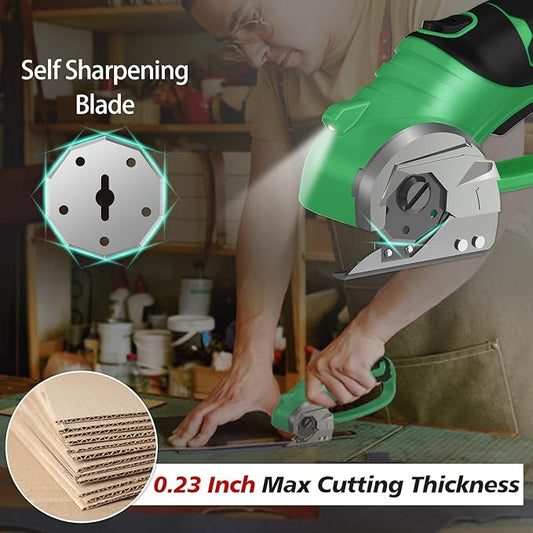 Cordless Electric Scissors, 4V Rechargeable Box Cutter & Cardboard Cutter with Titanium Blade, LED Light, Safety Lock - Rotary Cutter for Fabric, Leather, Plastic, Crafting, Sewing(Bright Green)