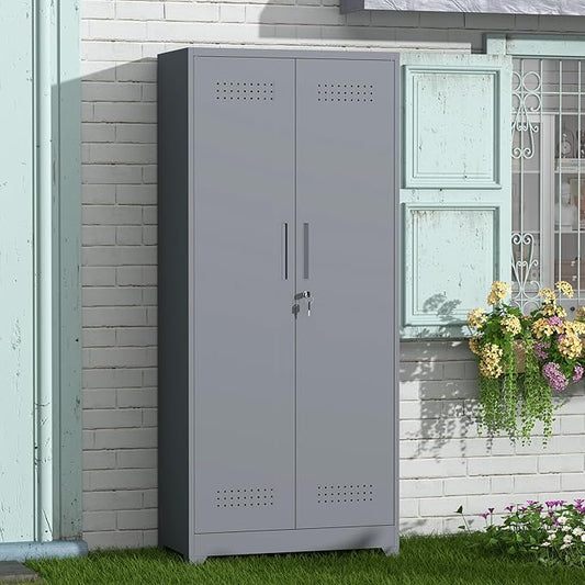 GREATMEET 72.8" Broom Storage Cabinet竊똌etal Storage Cabinets for Cleaning Supplies with Pegboard, Utility Closet, Broom Mop Cabinet, Grey
