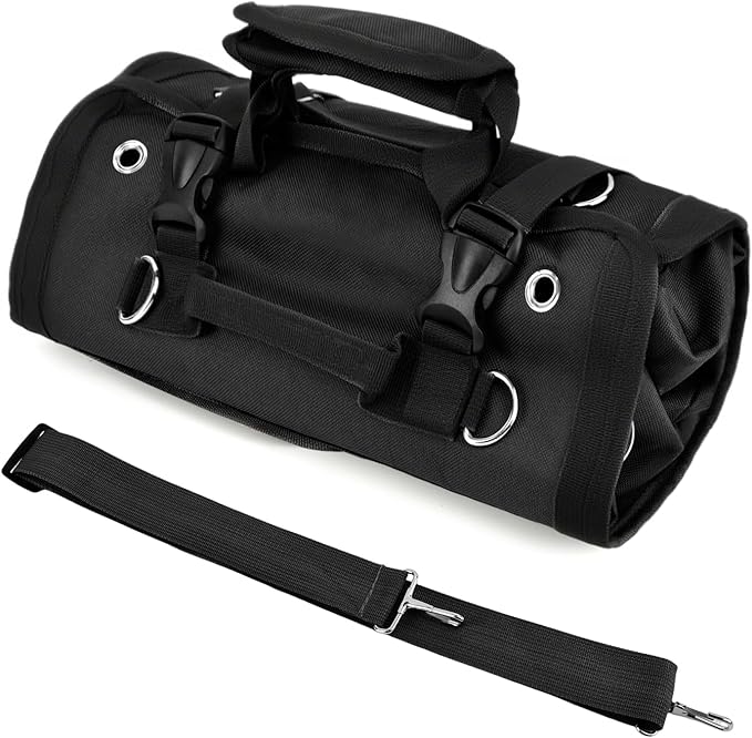 Roll Up Tool Bag, Heavy Duty Tool Organizer with 5 Compartments & 2 Detachable Pouches, Portable Foldable Waterproof Tools Bag for Dad Men Electrician Mechanic Gifts (COLOR:Black)