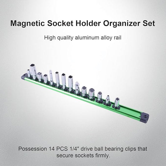 Magnetic Socket Holder Organizer Set:1/4-Inch Drive Socket Trays Socket, 360째 Swivel 14 Clips Socket Holder Kit, For Automotive Mechanic Garage (Green)