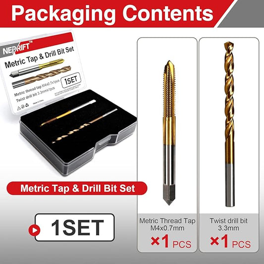 M4 x 0.7 Spiral Point Thread Tap and 3.3mm Twist Drill Bit Set, HSS 6542 and M35 Cobalt Machine Screw Threading Tool for Stainless Steel and Hard Metal Processing