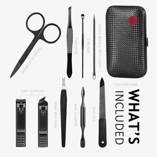 Manicure Set 9 in 1 Stainless Steel, Nail Clippers Scissors Pedicure Tools Kit - Portable Travel Grooming Kit for Men and Women with Black/Red Leather Case (Red)