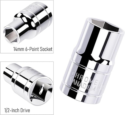 14mm(9/16") Shallow Socket, 1/2 Inch Drive, 6-Point, Metric, Heat Treated CR-V Steel Short Sockets, Full Polishing, 1.5 Inch Length
