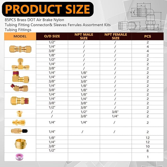 85Pcs DOT Air Brake Line Fittings,1/4" 1/8" 3/8" 1/2" Brass DOT Compression Air Nylon Tubing Fittings Assortment Repair Kit for Truck or Industrial Air System