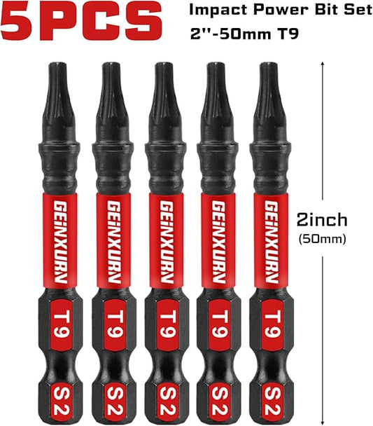 5 Pieces T9 Impact Tough Magnetic Screwdriver Bit Set, 2 In. #9 Torx Head power Bit Set, S2 Alloy Steel T9 Star Bit