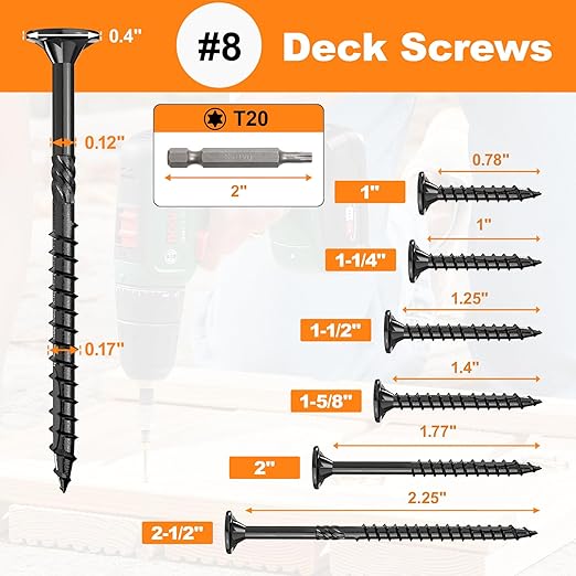 #8 x 1-1/2” Deck Screws, 2000Pcs Star Drive Wood Screws, Rust Resistant Timber Screws for Timber/Log/Landscaping Wood, T20 Star Bit Included, Black
