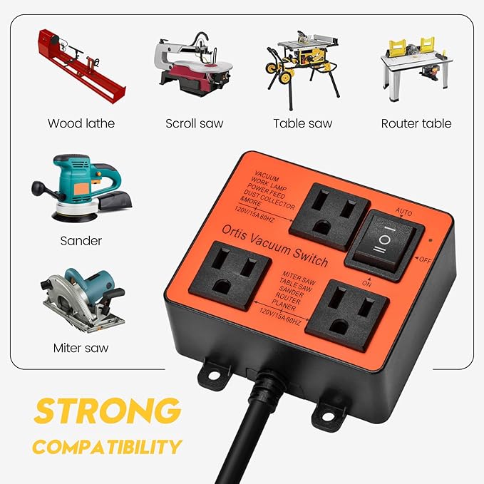 Automatic Vacuum Switch, Ortis Vacuum Switch for More Power Tools, Delay Vacuum On/Off to Prevent Circuit Overload and Tripping, Keep Your Workplace Cleaner, Better for Your Lung