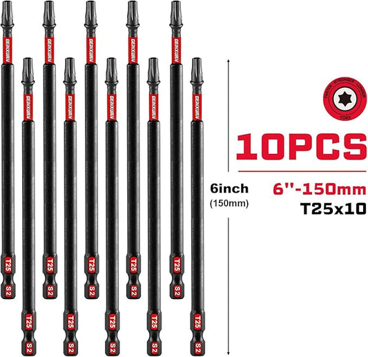 10Pack Impact Tough #25 Torx 6 in. Insert Driver Bits, Magnetic T25 Head Power Bits, S2 Alloy Steel T25 Screwdriver Bits Set Bulk