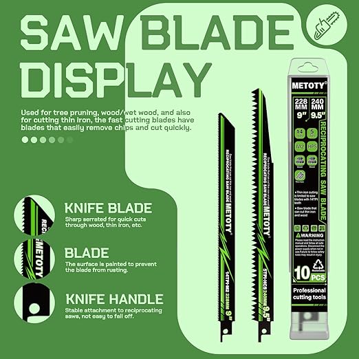 9 & 9.5-inch Reciprocating Saw Blade Set for Metal Wood Iron, 5 TPI (Tree Branches) & 14 TPI (Iron), 10 Pieces with Organizer Case, Durable HCS for Versatile Cutting
