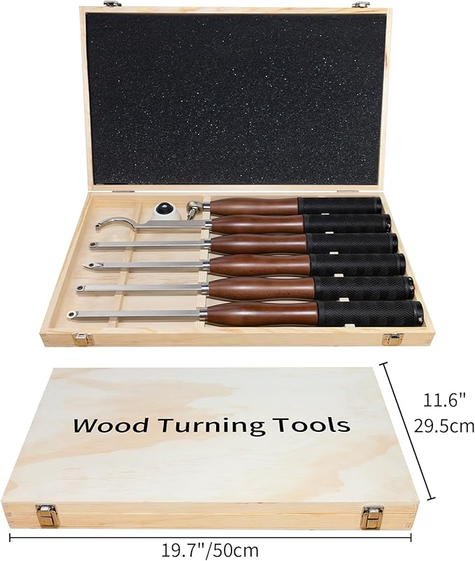 Full Size Carbide Wood Lathe Turning Tool Kit with Bowl Sander,6pcs 18" Professional Carbide Lathe Tools with Wooden Box including Swan Neck Hollower, Rougher, Finisher,Beech Handle with Rubber