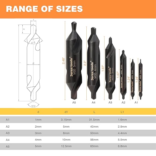 M35 HSS 60-Degree Angle Center Drill Bit Set, Countersink Tools for Lathe Metalworking for Stainless Steel, Alloy Steel, Cast Iron, Aluminum and Other Tough Metals (6 pcs)