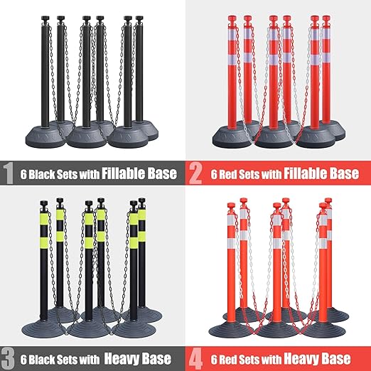 6 Pack 40" inch Work Zone Chain Post Set, Traffic Delineator Post Cones with Reflective Tapes, 6 x 6.6' Feet Plastic Chains, Portable Crowd Control Stanchion Set (Red-Water Filled Base)