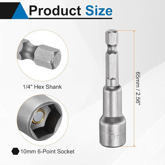 HARFINGTON 2pcs Nut Driver Drill Bit 10mm Metric Socket 1/4" Hex Shank 2.56" (65mm) Long Magnetic 6-Point Sockets Quick Change CR-V Steel Bolt Setters for Power Drill Drivers