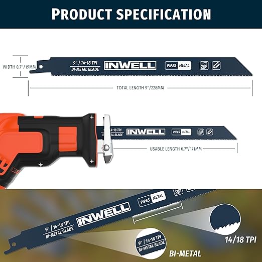 9 Inch Reciprocating Saw Blades, 14/18 TPI Bi-Metal for Metal Cutting, 25-Pack Durable Reciprocating Blades