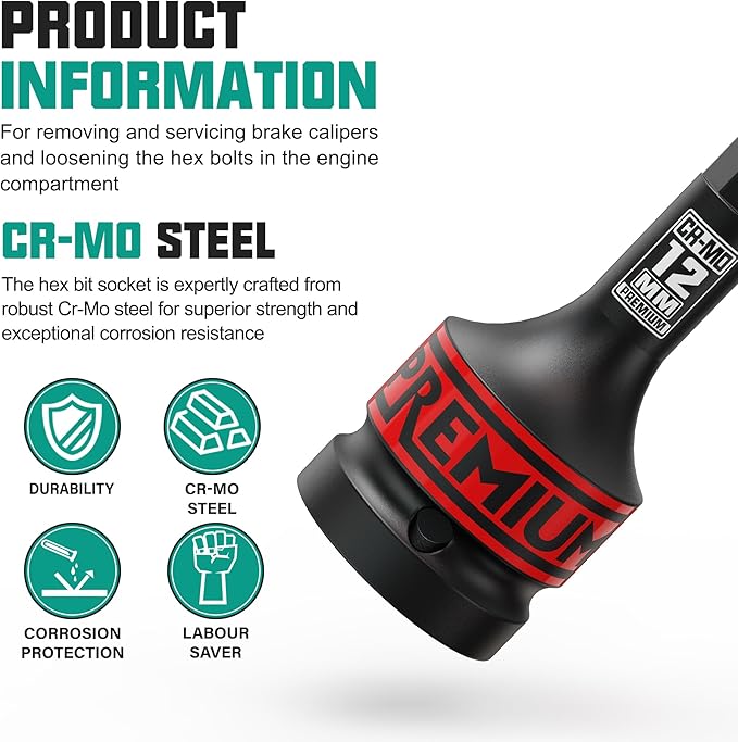 3/4" Drive H12 Impact Hex Bit Socket, 12 mm Allen Bit Socket, Metric, Cr-Mo Steel, Car Maintenance, Furniture Installation, Mechanic Use