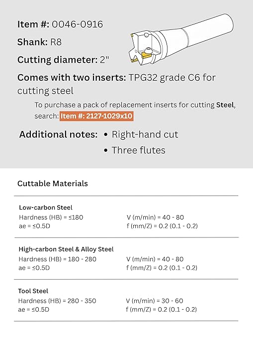 Accusize Industrial Tools 2'' Carbide Indexable End Mill, R8 Shank, with 3 Pc Tpg 322 Inserts, 0046-0916