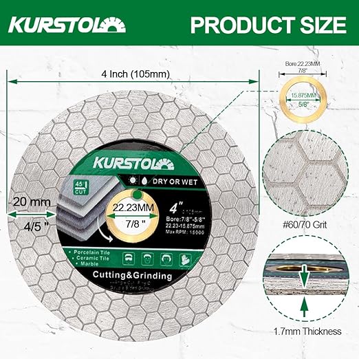 Tile Diamond Saw Blade - 2PCS 4"/105mm Dual-Purpose Diamond Cutting Disc,Angel Grinder Blade Arbor 7/8"-5/8" for Cutting and Grinding Ceramic Tiles,Porcelain,Granite,Marble