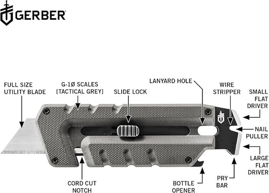 Gerber Gear Prybrid, Box Cutter Retractable Blade, Heavy Duty Utility Knife with Pry Bar, Bottle Opener, and Wire Stripper - Multi tool Pocket Knife - EDC Gear - Blue