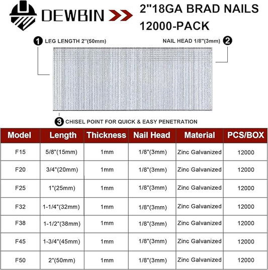 18 Gauge Brad Nails, 12000 Counts 2-inch 18 GA Brad Nails, Galvanized Nails for Nail Gun, Finishing Nail Gun Nails for Pneumatic, Electric Brad Nailer Gun