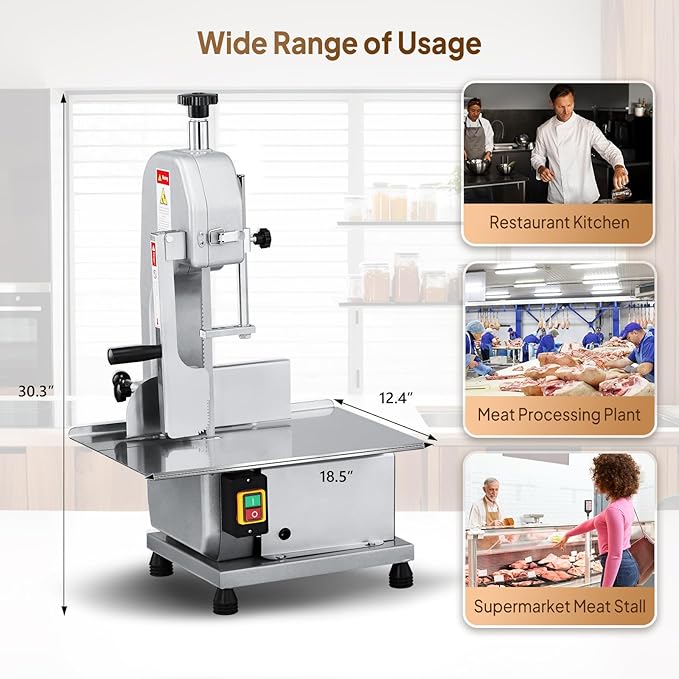 ROVSUN 750W Electric Bone Saw Machine,0.16-7.9Inch Cutting Thickness Frozen Meat Cutter with 6 Saw Blades, Commercial Bandsaw Machine Stainless Steel 18.5 x 12.4 In Table for Chicken Fish Beef