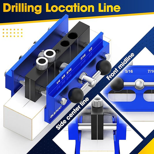Upgrade Self Centering Doweling Jig Kit, Drill Jig For Straight Holes Biscuit Joiner Set With 6 Drill Guide Bushings, Adjustable Width Drilling Guide Power Tool Accessory Jigs (Blue)
