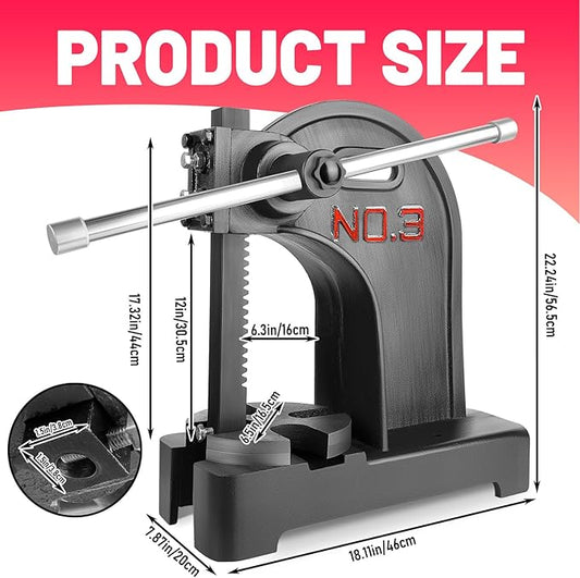 Heavy Duty 3 Ton Arbor Press, Manual Arbor Press, 12" Maximum Height, Cast Iron Desktop Press for Bending, Stamping, Forming, Stretching (3 Ton Black)