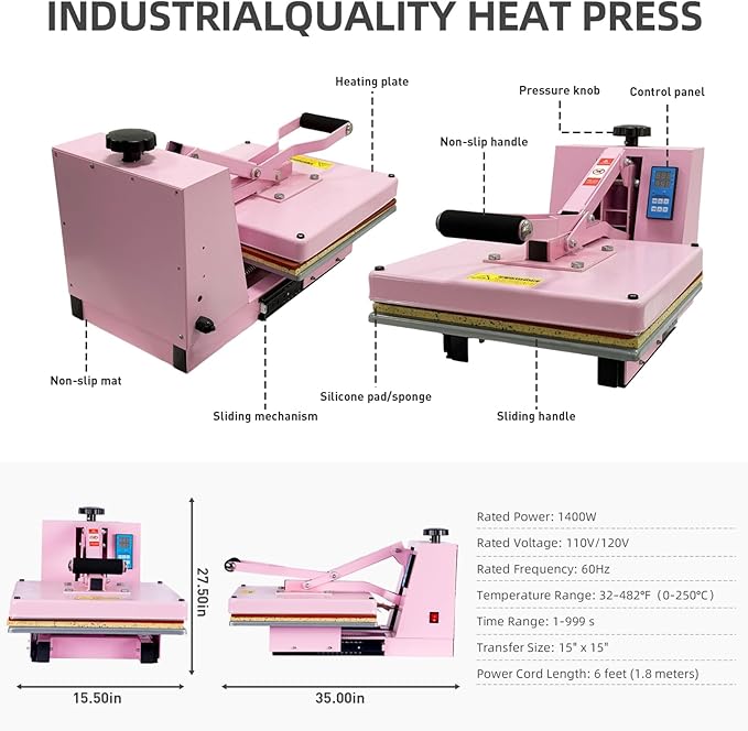Heat Press 15x15 in, Manual Heat Press Machine for T Shirts, Swing Away T Shirt Pressing Machine for Garments Bag Textile Curtain Mousepad, with Slide-Out Base, Pink