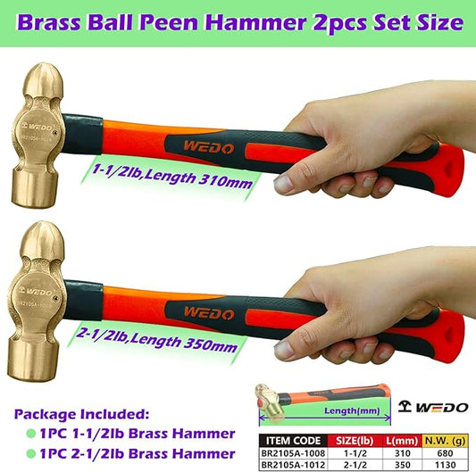 WEDO 2PCS Brass Ball Peen Hammer Set, 24 oz+40 oz(1-1/2lb+2lb-1/2lb), Brass Ball Pein Hammer Set with Fiberglass Handle, Die-Forged, Corrosion Resistant, DIN Standard