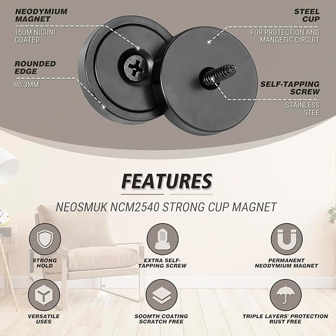 Neosmuk Magnets with Screws,60lbs+ Heavy Duty Rare Earth Neodymium Mounting Magnets with Holes,Countersunk Round Disc Industrial Magnets for Wall Mounting,10 Pack,Black