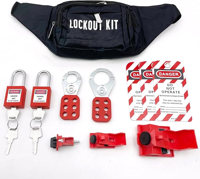 Lockout Tagout Kit - Clamp-On Circuit Breaker, Group Hasps, Tag, Universal Multi-Pole Breaker With Pocket Bag (Black Kit)