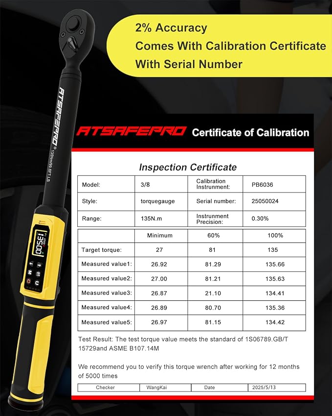 Digital Torque Wrench 3/8" Drive, 1.5-99.5 FT.Lb - 5 Units with Color Screen, Vibration/Buzzer/LED, 5" Extension & 3/8 to 1/2 Adapter, 3/8 Torque Wrench 짹2% Accuracy for Car, Motorcycle, Bike Repair