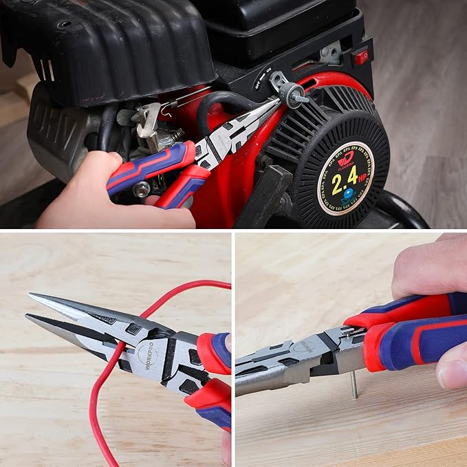 WORKPRO Premium 8??Needle Nose Pliers, Paper Clamp Precision, Heavy-Duty CRV Steel, Large Soft Grip with Wire Cutter, Long Nose Cutting Pliers, W031269