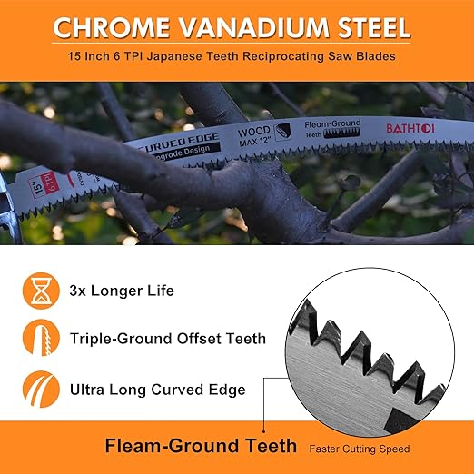 5 Pack 15 Inch 6 Tpi Japanese Teeth Reciprocating Saw Blades for Wood Cutting and Tree Trimming, Cr-V Sawzall Blades with Curved Edge and Fleam-Ground Teeth for Longer Life and Faster Cutting Speed