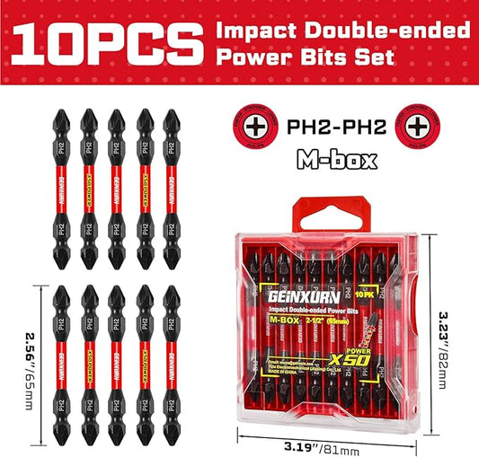 10Pcs PH2/PH2 Impact Double End Screwdriver Bit Set, 2.56 in. #2 Phillips Power Driver Bits, Magnetic S2 Steel PH2 Screwdriver Bits Set with Storage M-Box