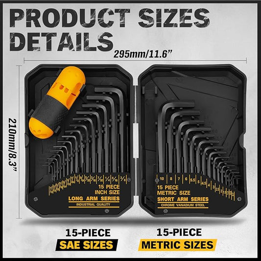 ELEAD 31-Piece Hex Key Set - Allen Wrench Set, SAE and Metric Allen Keys MM(0.7mm-10mm) SAE(0.028"-3/8) Heat-Treated, Torque Handle, High Leverage, Long & Short Keys, Easy Organization