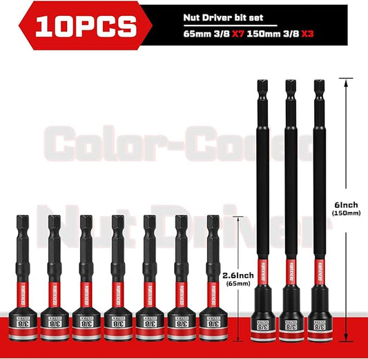 Impact Nut Driver Set, 10 Pieces 2.56???쒵ong 3/8?? Point Alloy Steel Magnetic SAE Nut Setter Set Use For Require Installing 1/4 Hex Shank Impact Driver with Case Box