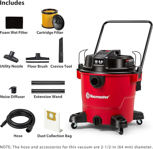 Vacmaster 16-Gallon 6.5 Peak HP??Wet/Dry Vacuum ??VJH1612PF 1101, Red