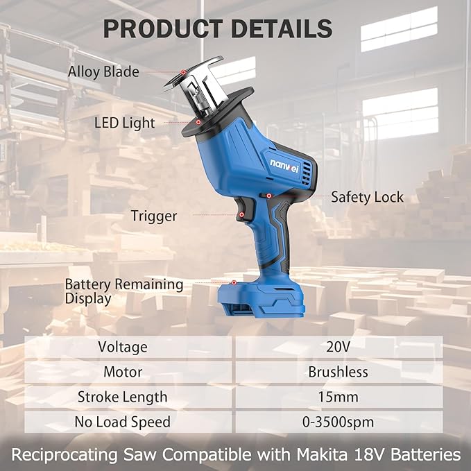 NANWEI Reciprocating Saw Compatible with Makta 18V Batteries, Cordless Electric Reciprocating Saw, Brushless Motor, 0-3500 SPM Variable Speed, For Wood Metal Cutting (Tool Only)