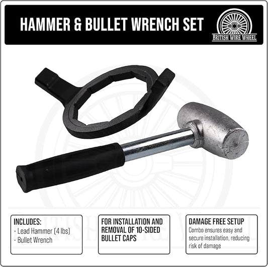 4lb Lead Hammer and 10-sided Bullet Wrench Set - Dead Blow Lead Hammer + Bullet/Diamond Wrench are Essential Tools for Lowriders with Bullet Knock-Off Spinner Cap Fitted Wire Wheels