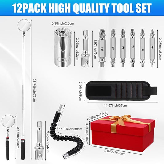 Lasnten 12 Pack Drill Socket Adapter Flexible Drill Bit Extension for Men Damaged Screw Extractor Socket Wrench Power Magnetic Wristband Inspection Mirror for Dad Husband Adults Him Birthday Gifts