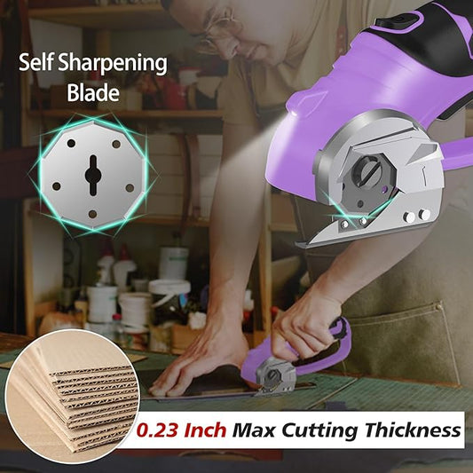 Cordless Electric Scissors, 4V Rechargeable Box Cutter & Cardboard Cutter with Titanium Blade, LED Light, Safety Lock - Rotary Cutter for Fabric, Leather, Carpet, Plastic, Crafting, Sewing(Purple)