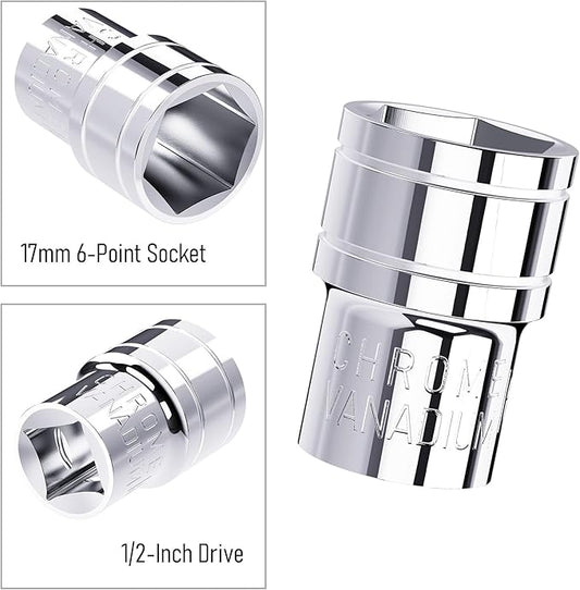 17mm Shallow Socket, 1/2 Inch Drive, 6-Point, Metric, Heat Treated CR-V Steel Short Sockets, Full Polishing, 1.5 Inch Length