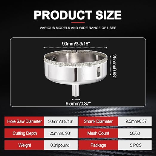 PATIKIL 2pcs 3-1/2" (90mm) Diamond Hole Saw, Glass Diamond Hole Cutters Hollow Core Drill Bits for Fiberglass, Tile, Porcelain, Ceramic