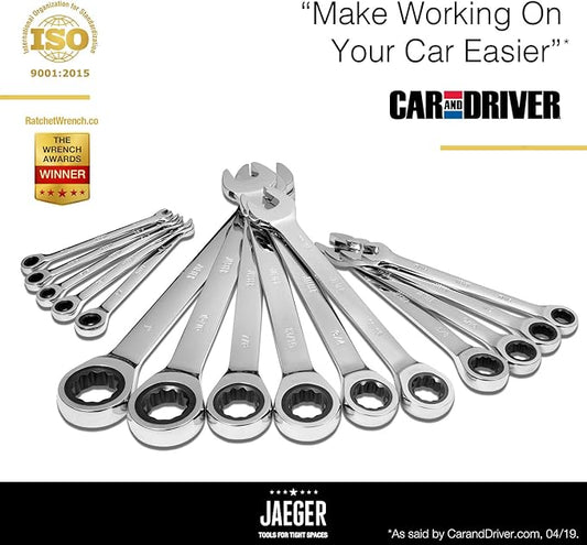 Jaeger 15pc Inch TIGHTSPOT 90-Tooth Ratcheting Combination Wrenches MASTER SET - Our LARGEST SAE/INCH SET With Bear Keeper Rollup Case
