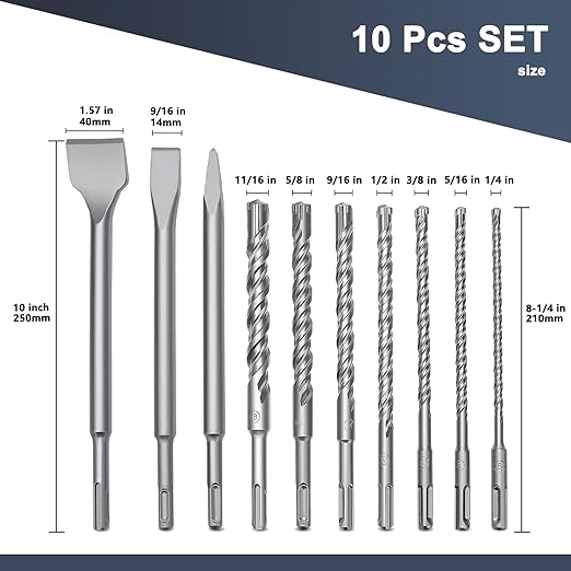 10 PCS 1/4 to 11/16 inch SDS Plus Rotary Hammer Drill Bits and Chisel Set, 6-18mm SDS Plus Masonry Drill Bits for Concrete, Brick, Cement,Masonry Work, Length 8-1/4 in
