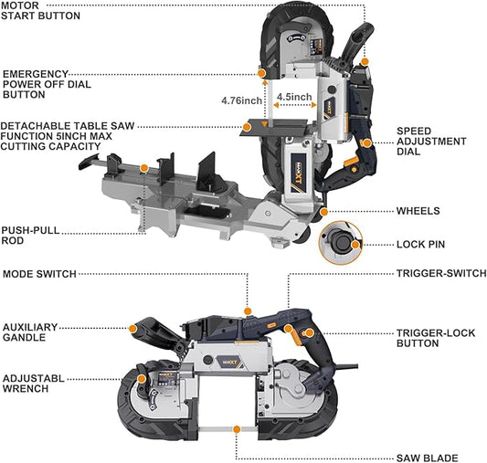 MAXXT Bandsaw with Table Saw, 10 Amp 5 Inch Deep Cut Band Saw with Lightweight Aluminum Base, Variable Speed Handheld Automatic Multipurpose Cut with Wheels Metal Saw, Portable Bandsaws for Metal Wood